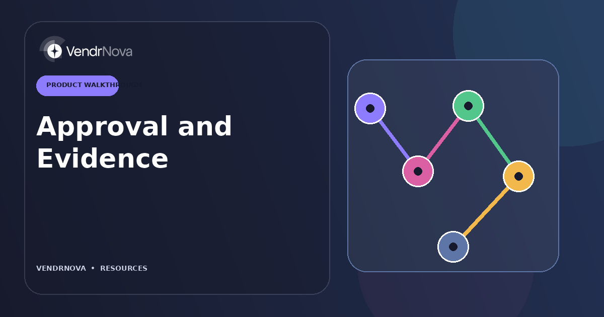 Approval and Evidence: A governed decision trace with context, authority, action, and outcome. Branded editorial artwork; no customer result or production interface.