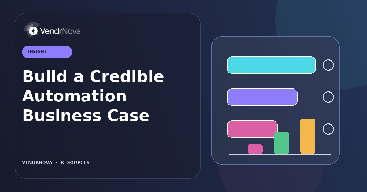 Build a Credible Automation Business Case: Inputs, assumptions, benefit types, costs, and confidence. Branded editorial artwork; no customer result or production interface.
