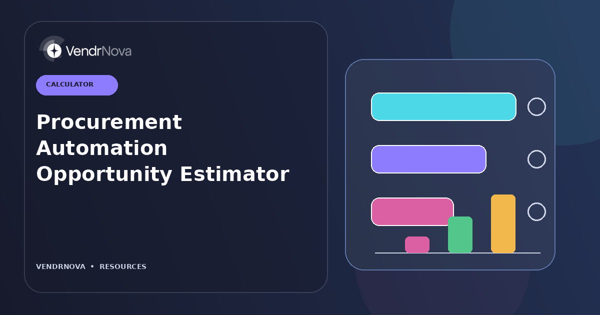 Procurement Automation Opportunity Estimator: Editable scenario bands for spend, capacity, cycle time, visibility, and payback. Branded editorial artwork; no customer result or production interface.