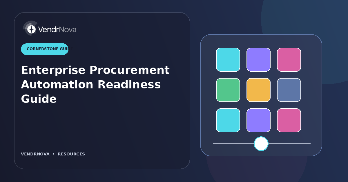 Enterprise Procurement Automation Readiness Guide: Readiness across process, people, data, controls, value, and change. Branded editorial artwork; no customer result or production interface.