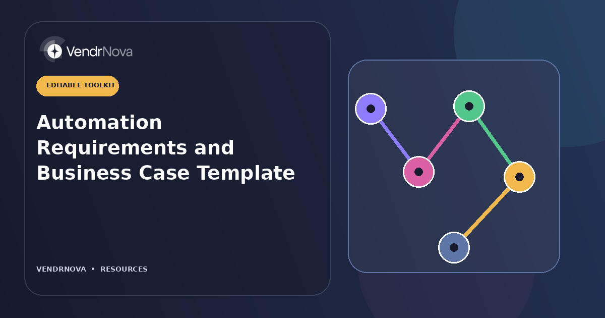 Automation Requirements and Business Case Template: Traceable requirements, assumptions, costs, benefits, and approval. Branded editorial artwork; no customer result or production interface.