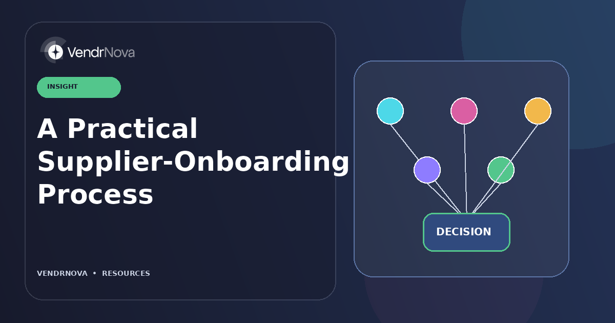 A Practical Supplier-Onboarding Process: Risk-tiered qualification, evidence, approval, activation, and review. Branded editorial artwork; no customer result or production interface.